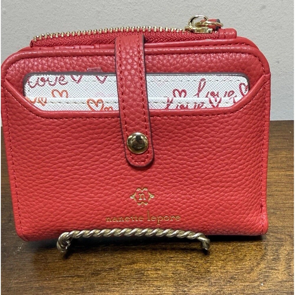 Nanette Lepore Red Bifold Wallet With Removeable Card Case Pebble Vegan Leather
